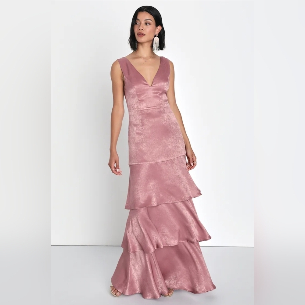 Lulus Exclusive Elegance Mauve Satin Tiered Maxi Dress Sleeveless